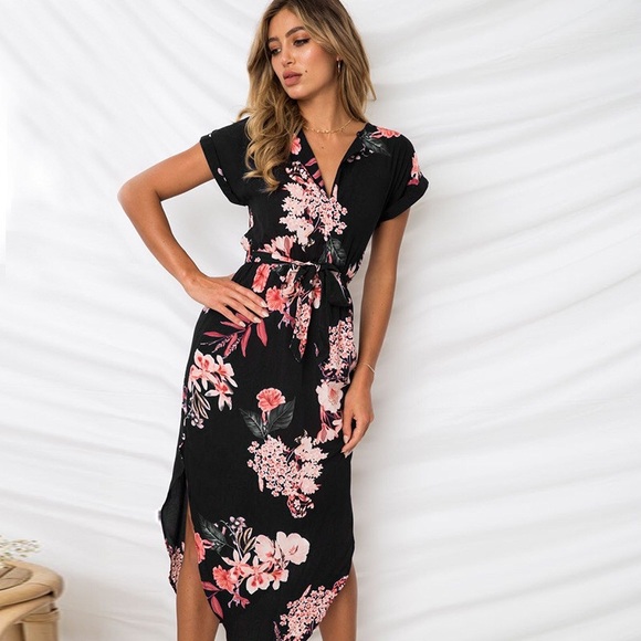 Floral Short Sleeve O-Neck Midi High/Low Side Hem - Picture 4 of 8